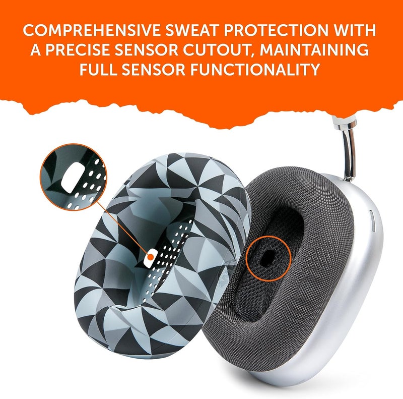 WC SweatZ Max - Patented Protective Earpad Covers for Airpods Max Made by Wicked Cushions | Sweatproof & Easily Washable | Full Earpad Sweat Protection | Geo Grey - Image 4